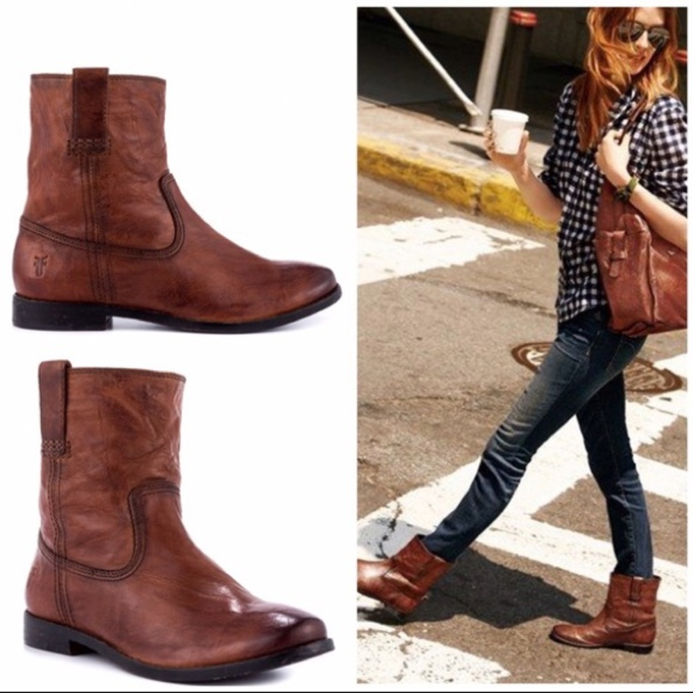 Frye Anna Short Cognac Leather Pull On Cute Boots - Picture 6 of 14